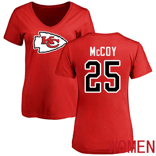 Women Football Kansas City Chiefs #25 McCoy LeSean Red Name and Number Logo Slim Fit T-Shirt->nfl t-shirts->Sports Accessory